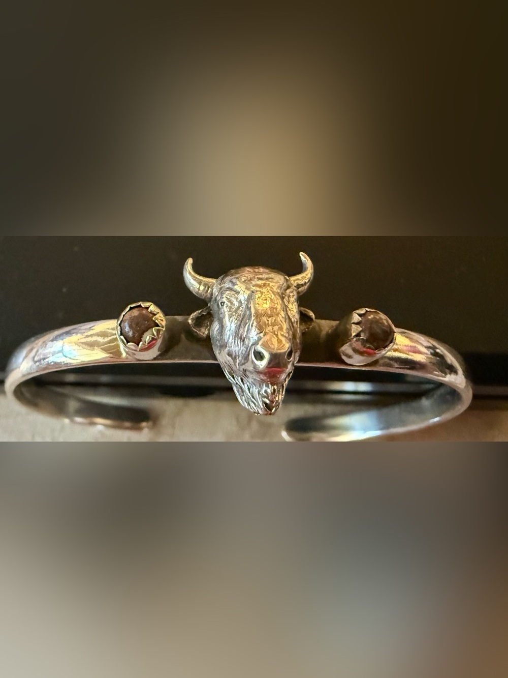 Men's Silver Bull Head Cuff Bracelet with Garnet Accents